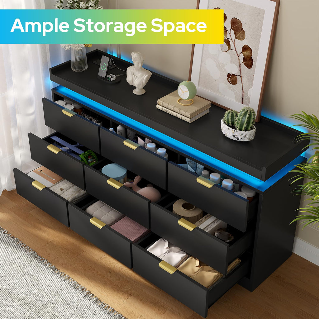 Black 9 Drawer Wood Dresser with LED Lights and Power Outlet D8861