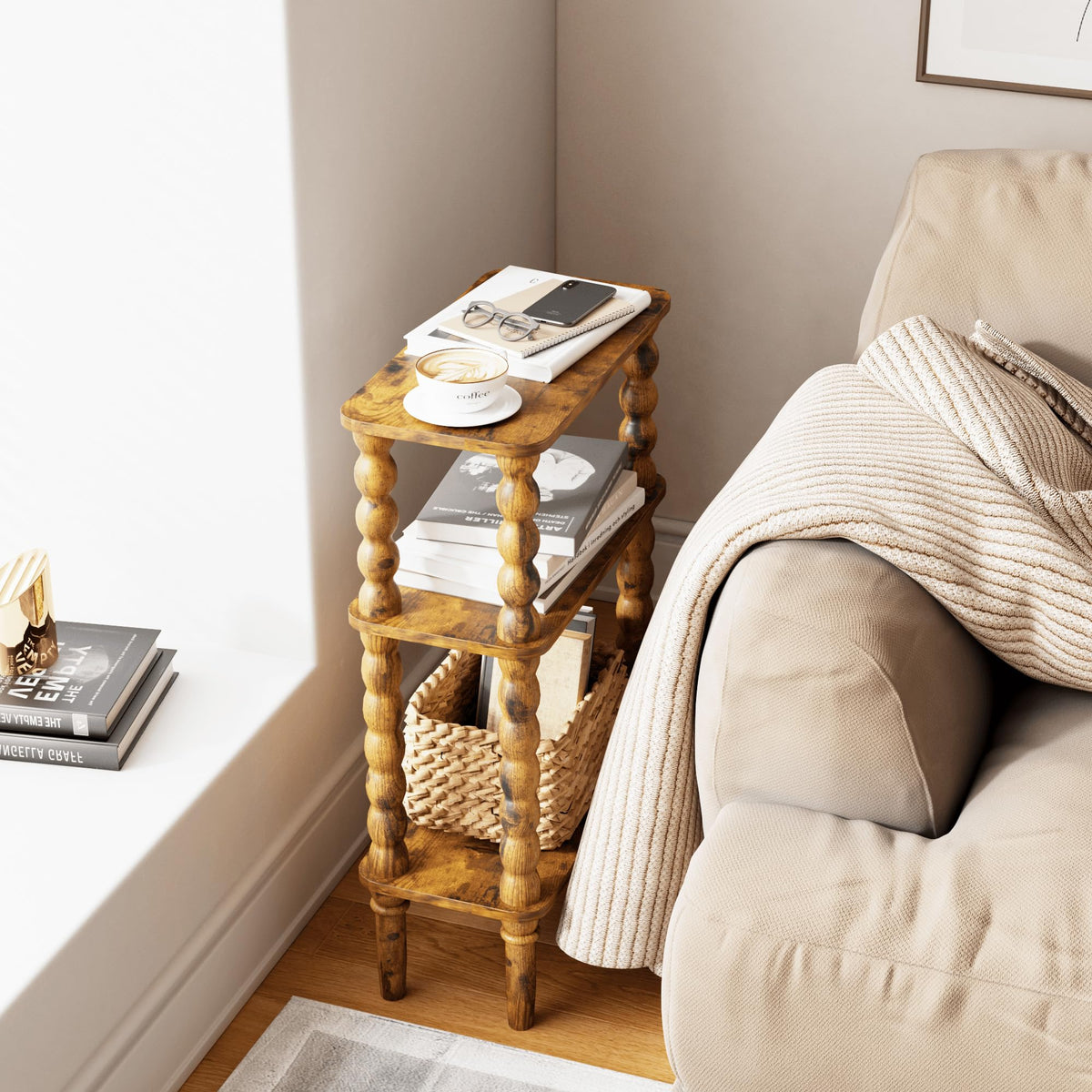 Side Table with Storage Shelf, 3-Tier Small Coffee Table I7054