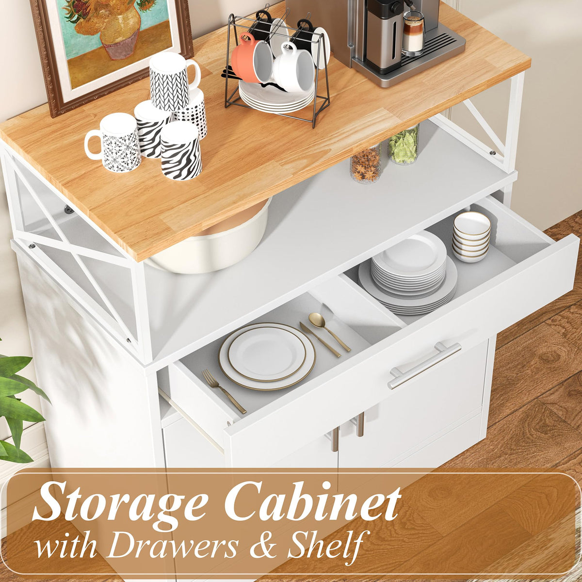 White Kitchen Buffet Cabinet with Adjustable Shelf N8392
