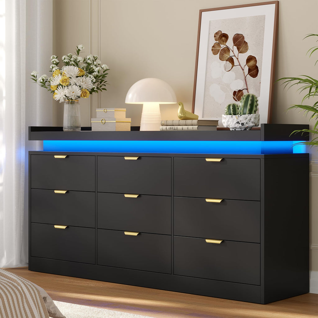 Black 9 Drawer Wood Dresser with LED Lights and Power Outlet D8861