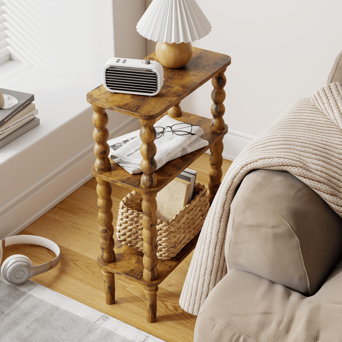 Side Table with Storage Shelf, 3-Tier Small Coffee Table I7054