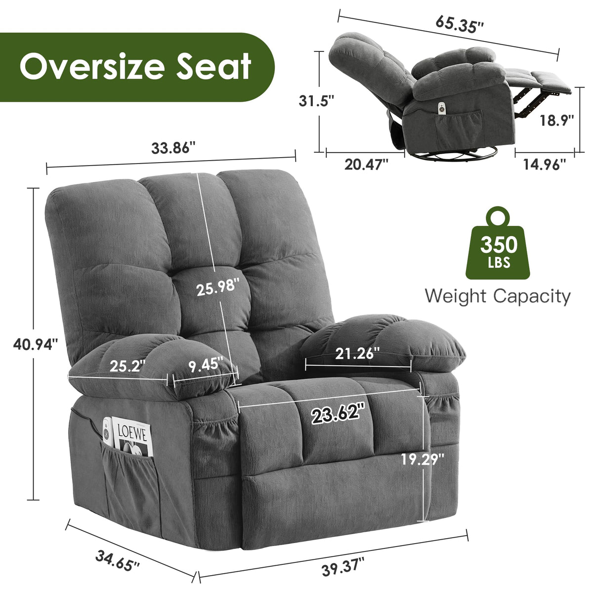 Oversized Swivel Recliner Chair with Vibration & Lumbar Heat N1488