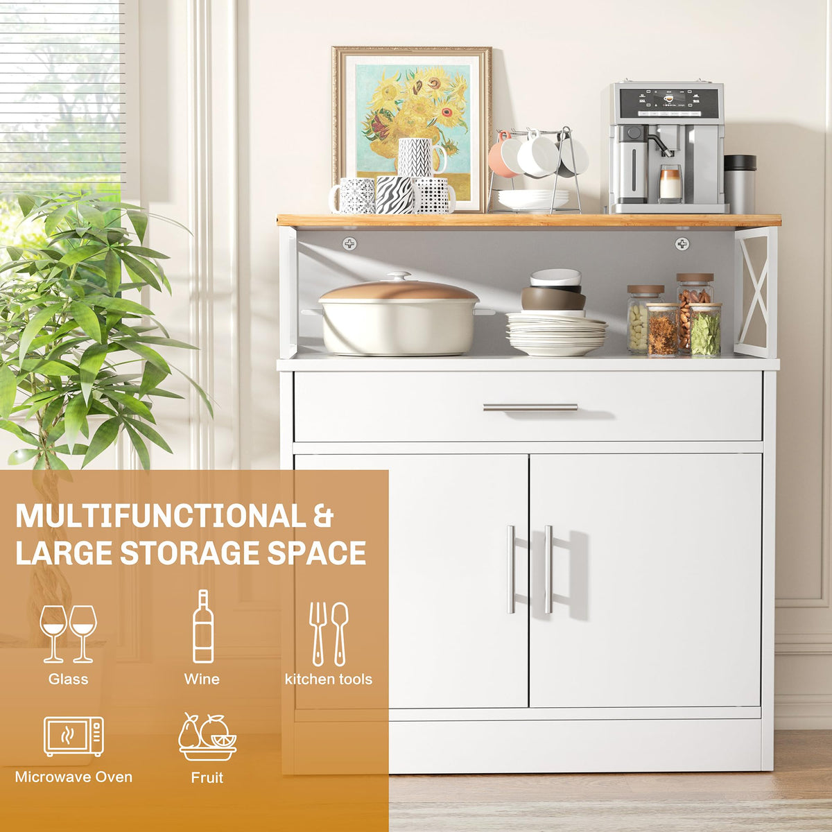 White Kitchen Buffet Cabinet with Adjustable Shelf N8392