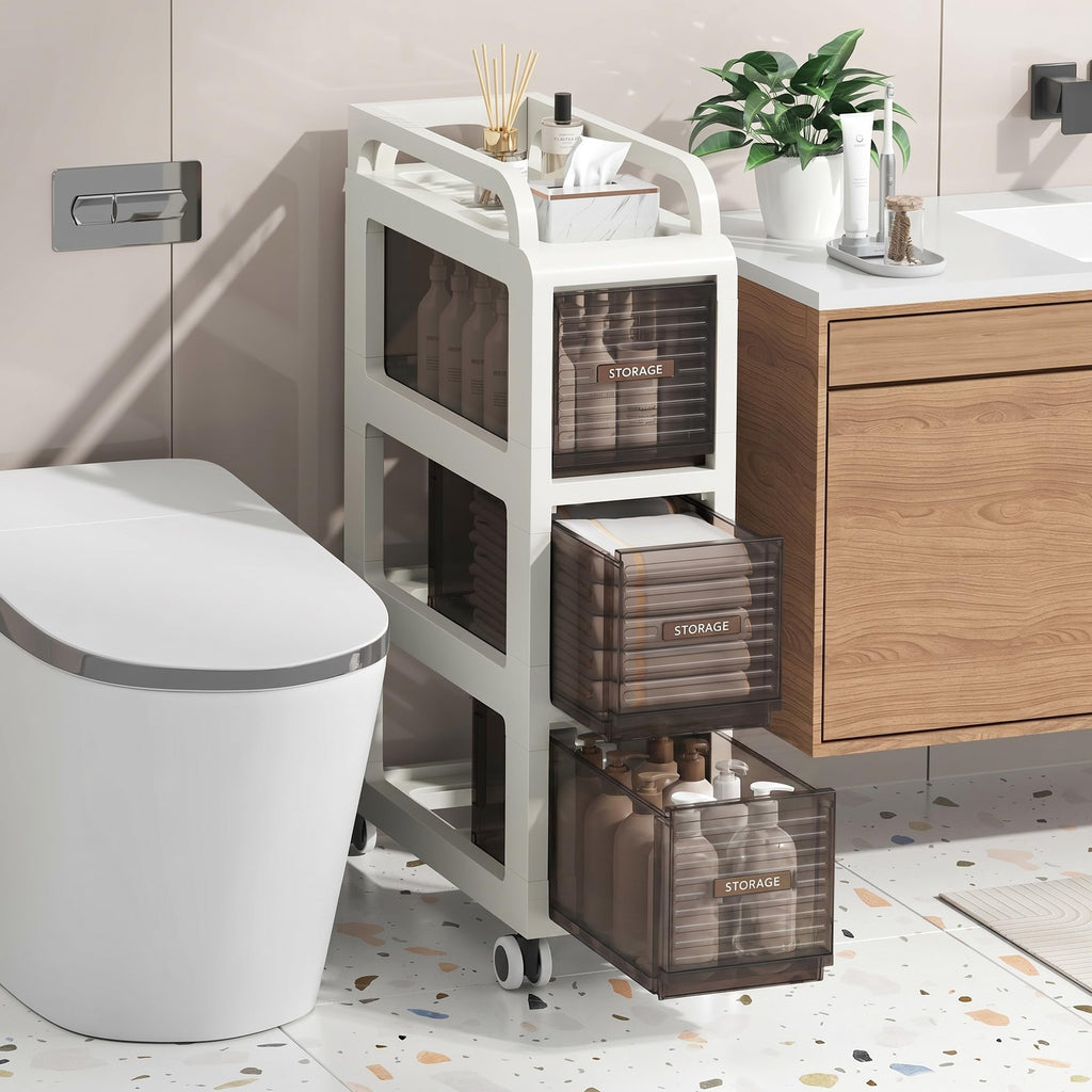 7.87" Wide Slim Bathroom Storage with Drawers and Wheels D886093