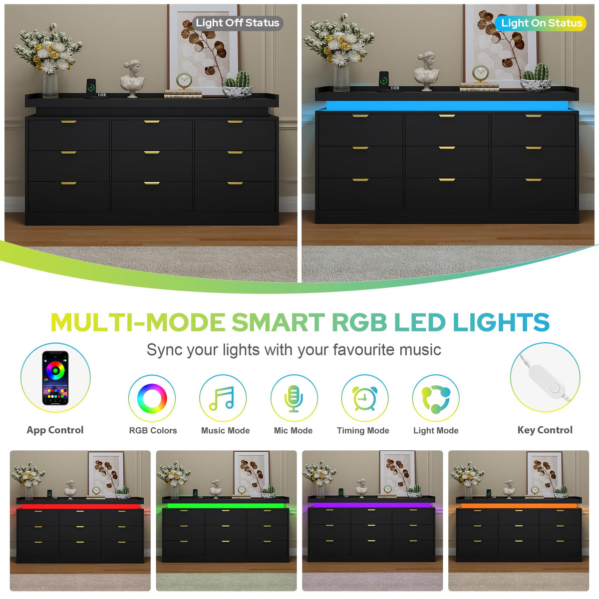 Black 9 Drawer Wood Dresser with LED Lights and Power Outlet D8861