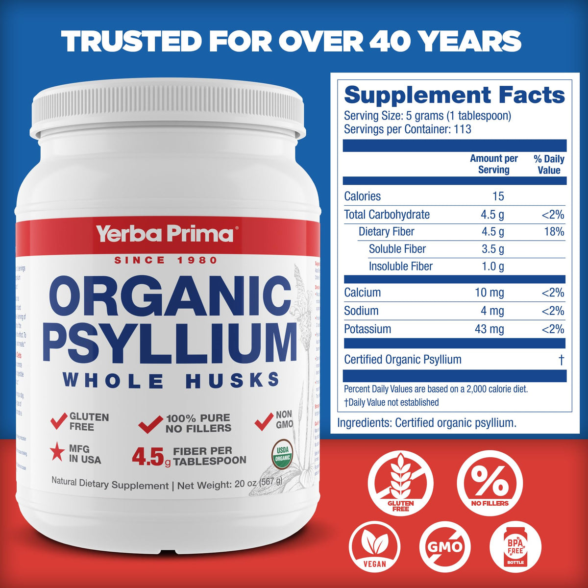 Organic Whole Psyllium Husks Fiber 20 oz Pack of 2 Z2058