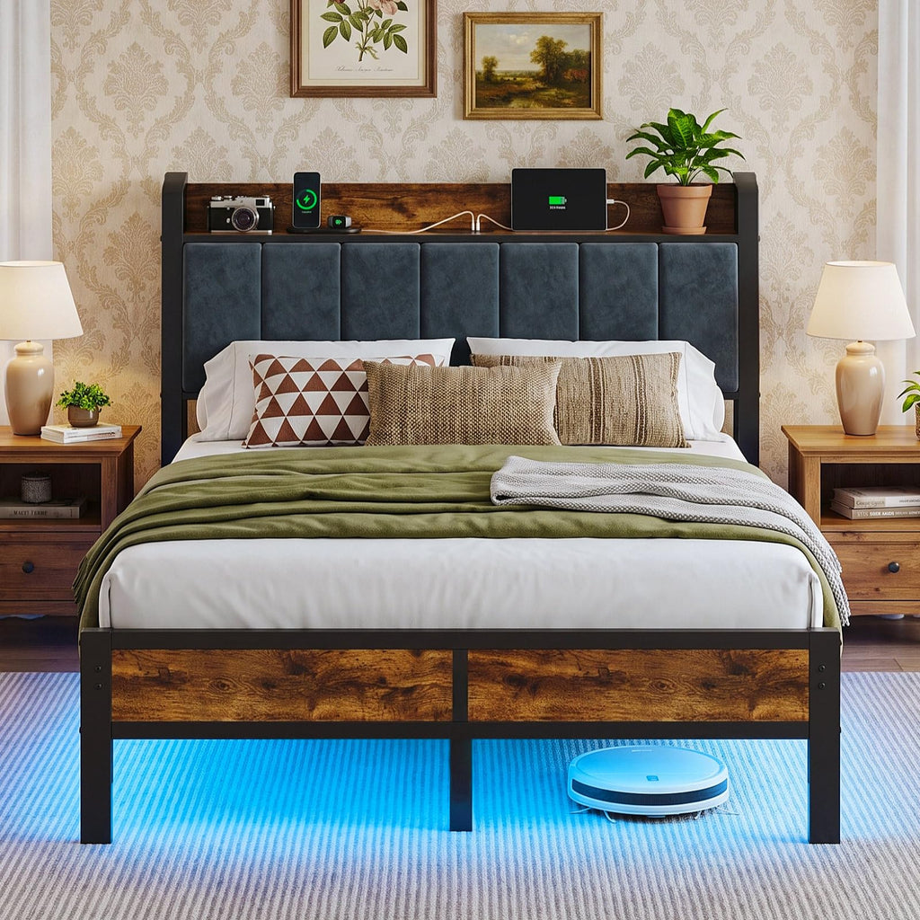 Full Size Bed Frame with LED Lights and Charging Station L14702