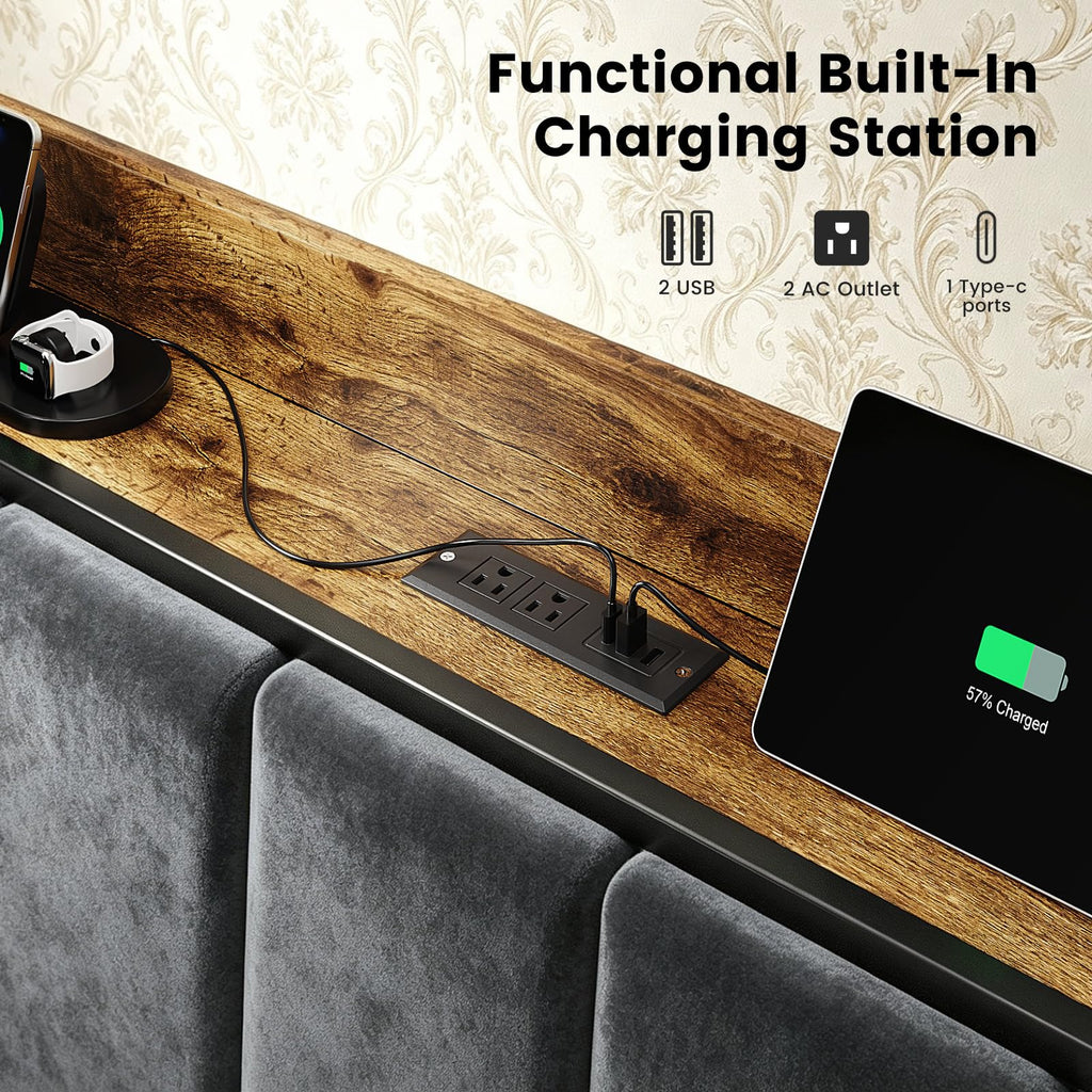 Full Size Bed Frame with LED Lights and Charging Station L14702