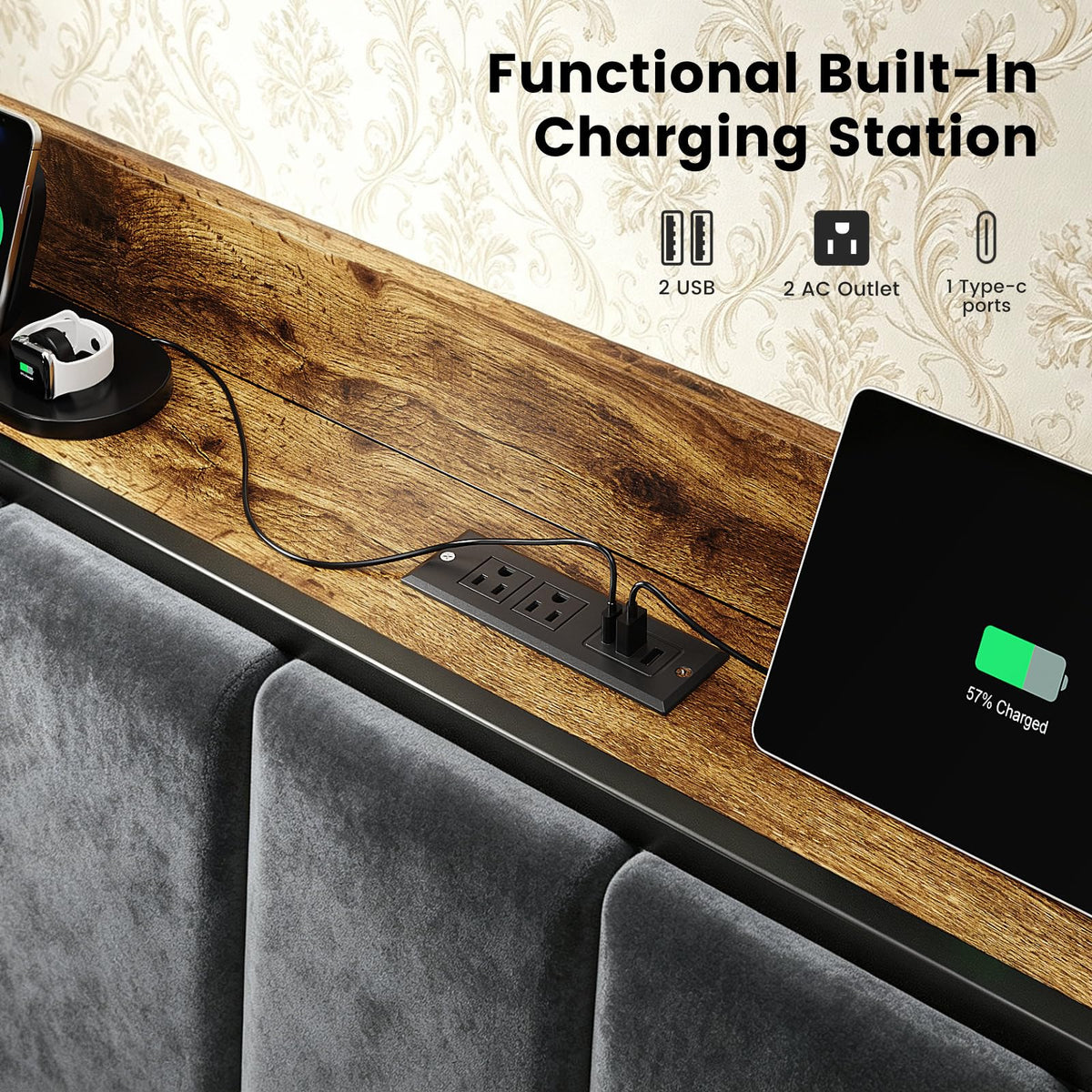 Full Size Bed Frame with LED Lights and Charging Station L14702