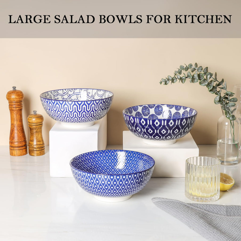 Ceramic 53 OZ Salad Bowls Set, Set of 3, Vintage Blue E733