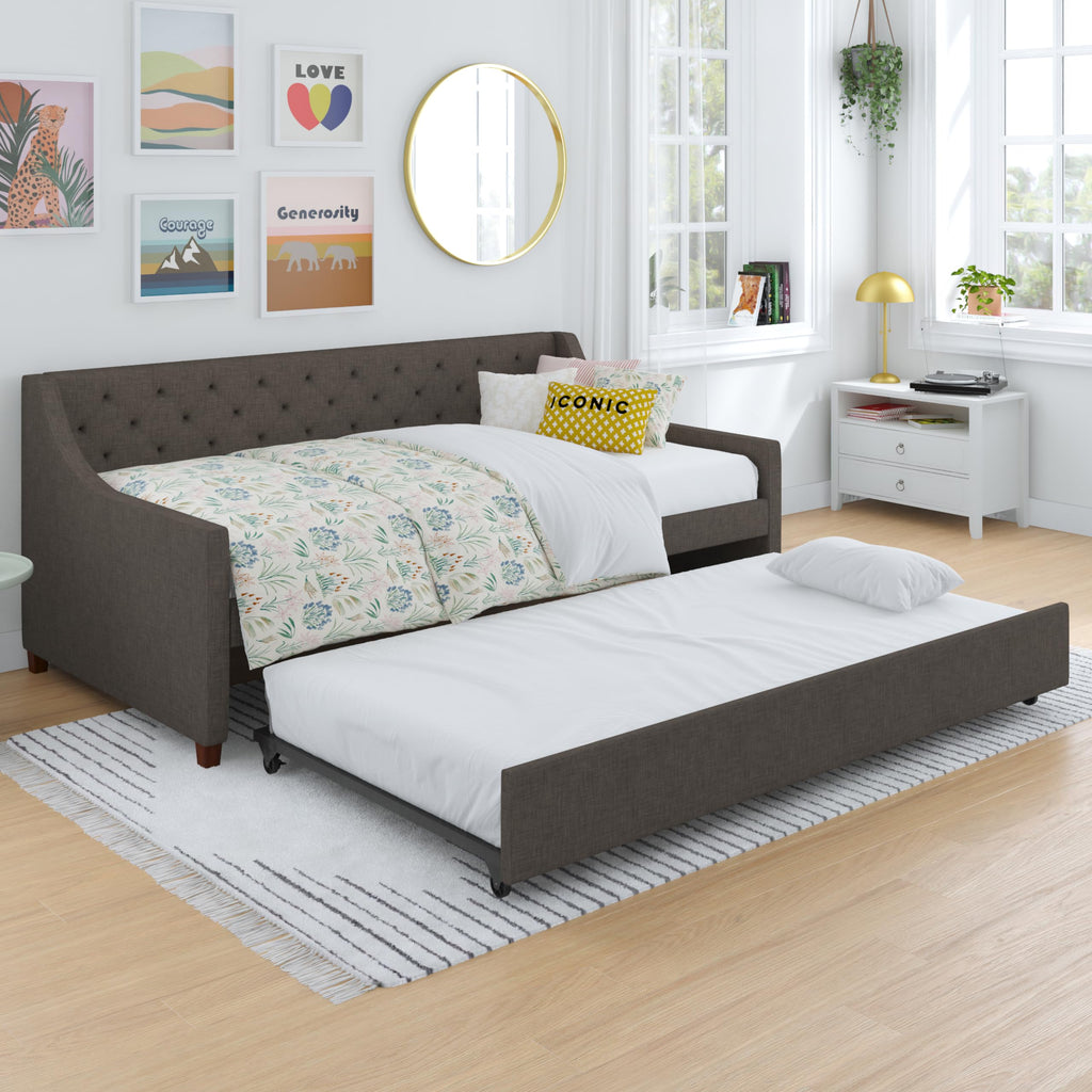 Grey Linen Twin over Twin Upholstered Daybed and Trundle Y887885