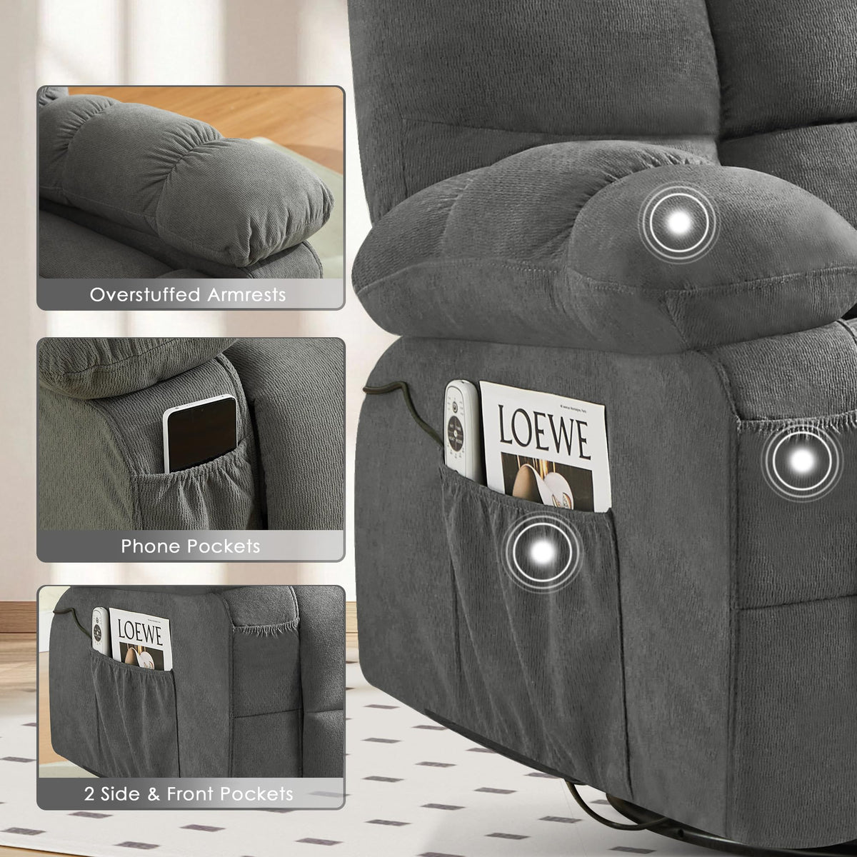 Oversized Swivel Recliner Chair with Vibration & Lumbar Heat N1488