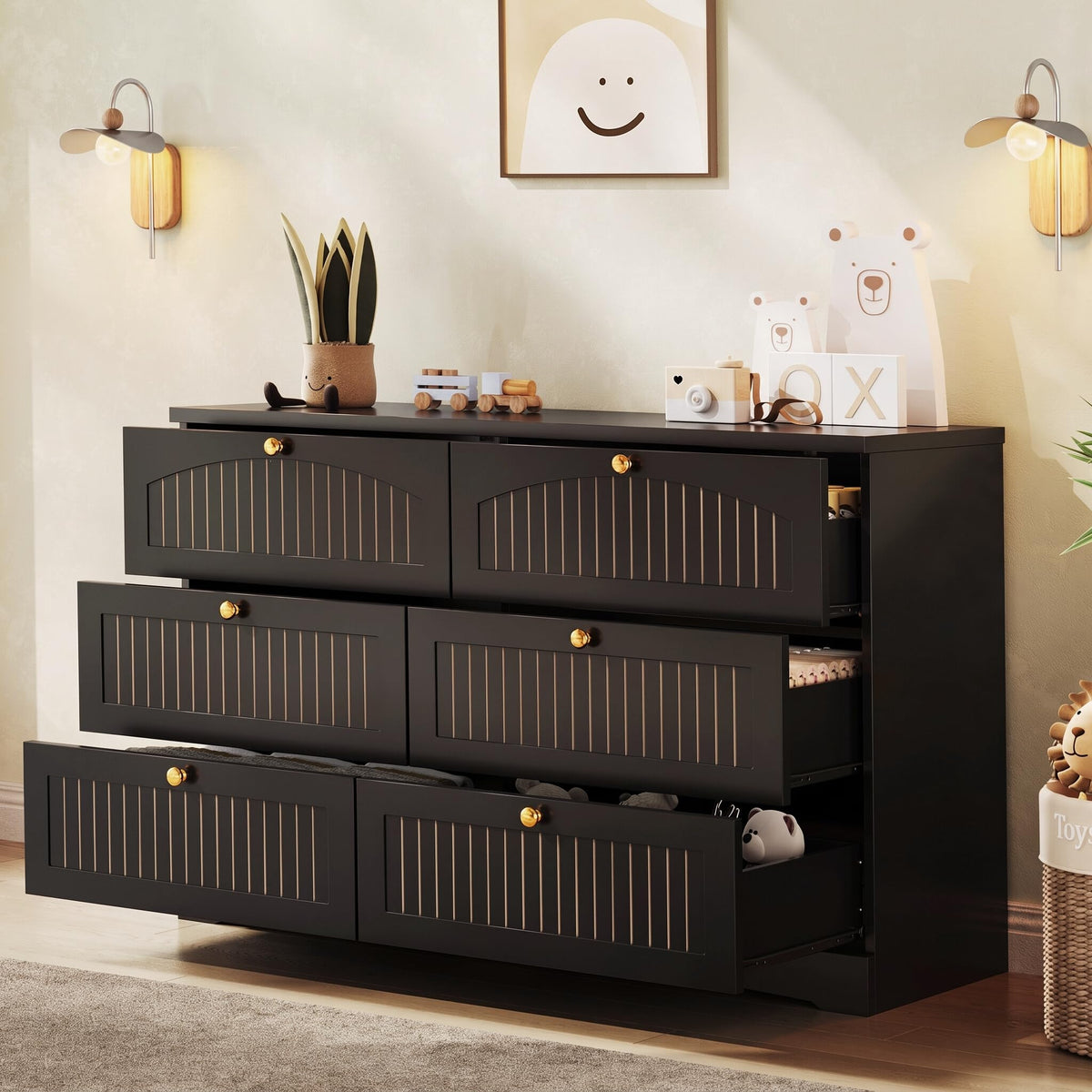 Black 6 Drawer Fluted Wood Dresser W314