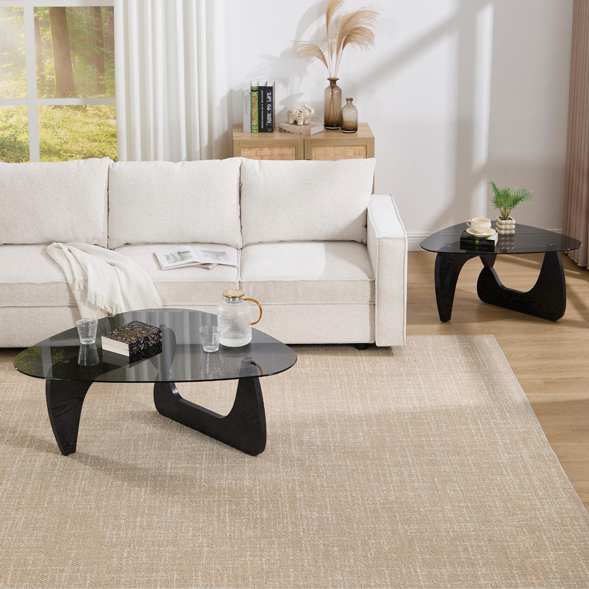 Modern Triangle Glass Coffee Table with Wood Base S11619