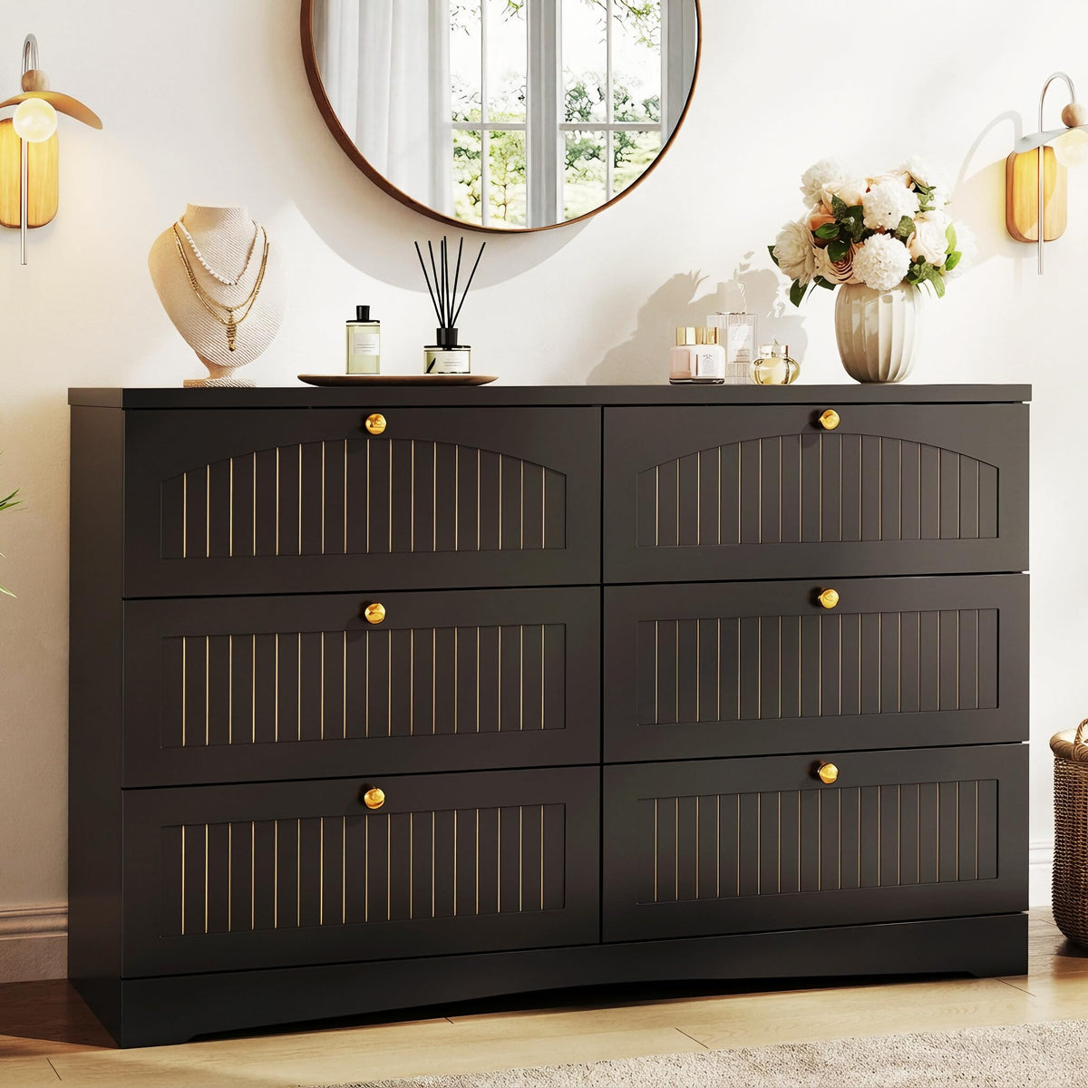Black 6 Drawer Fluted Wood Dresser W314