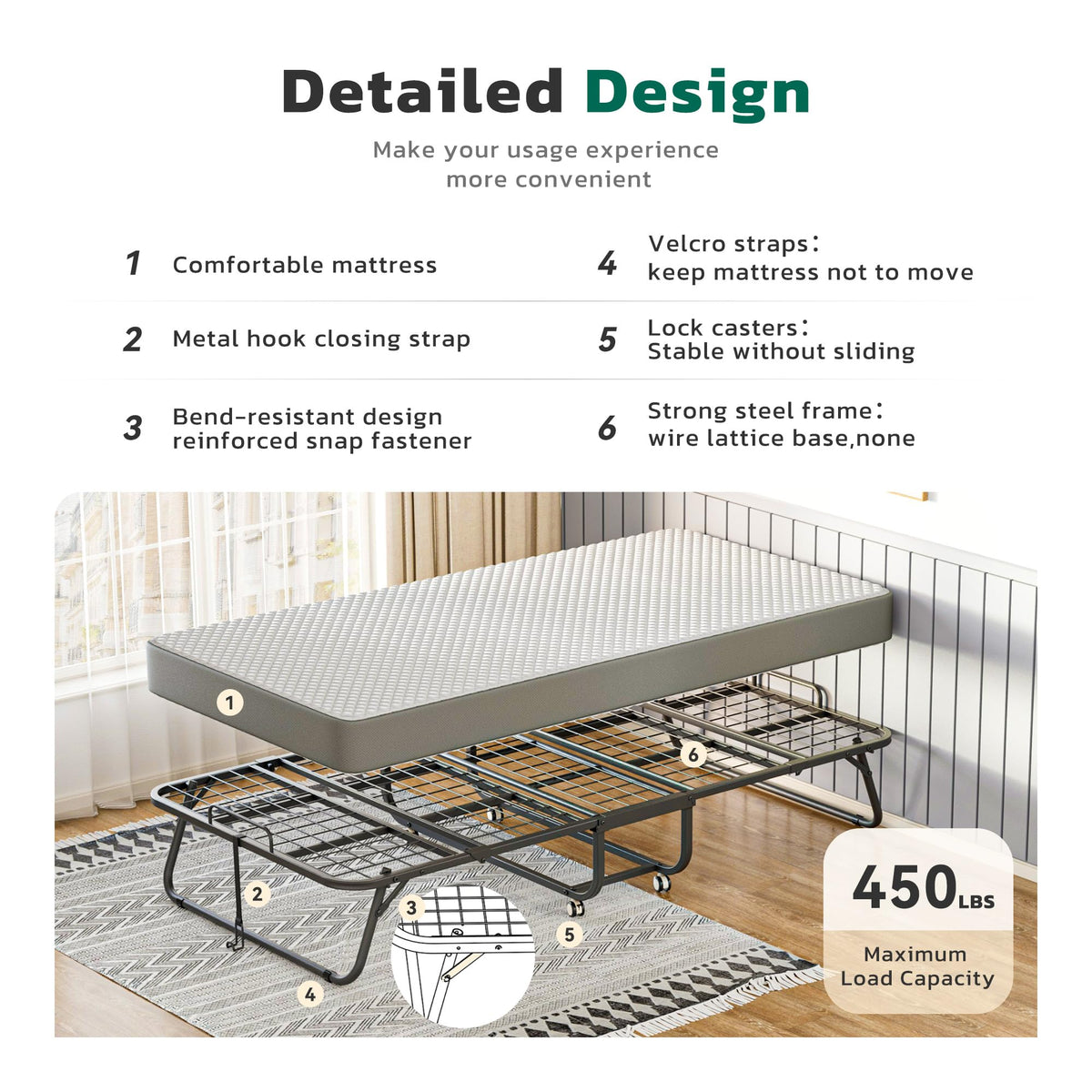 Folding Bed with Mattress Metal Frame Cot Size N4266