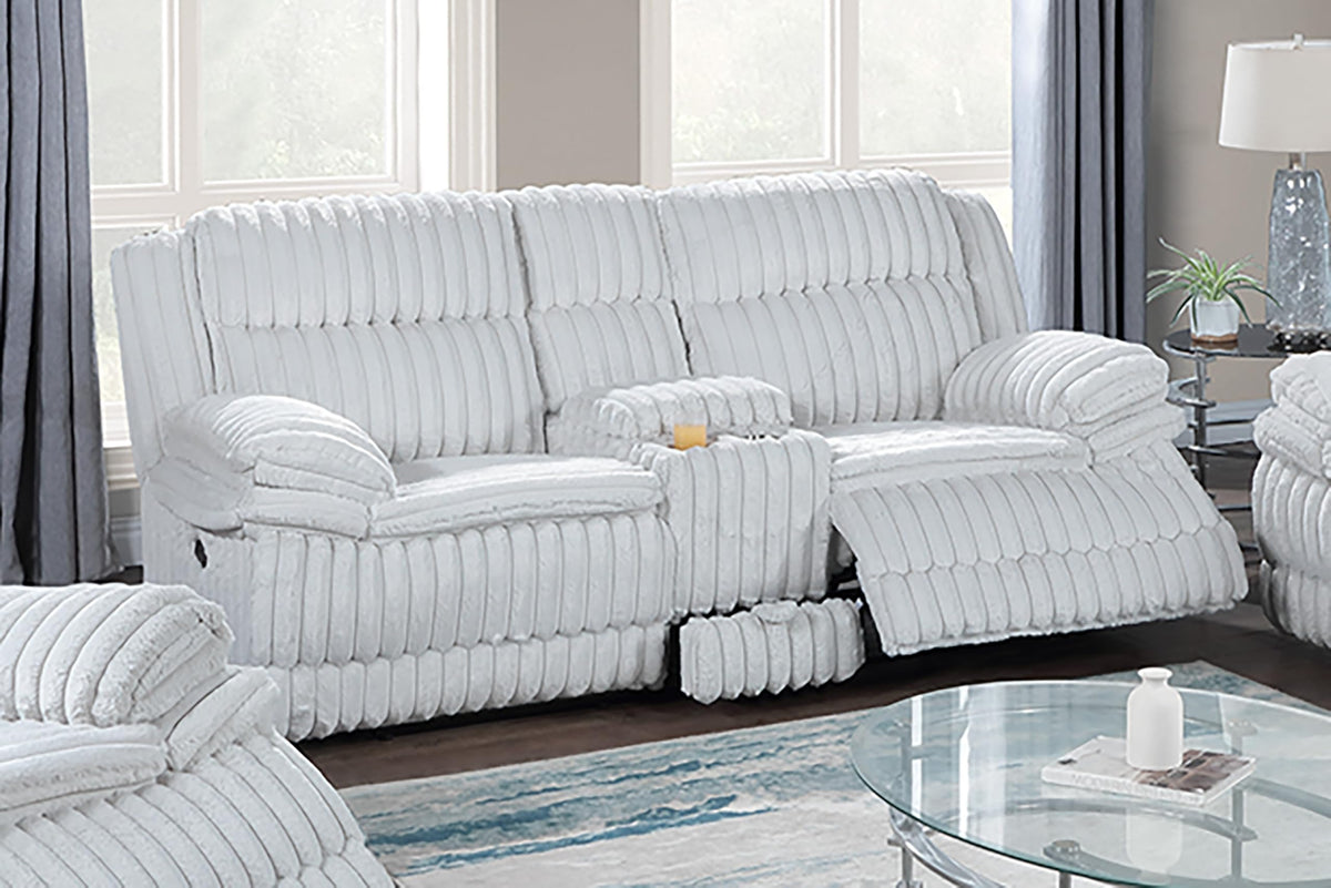 Light Gray Corduroy Reclining Loveseat with Console and Drawer Storage B187