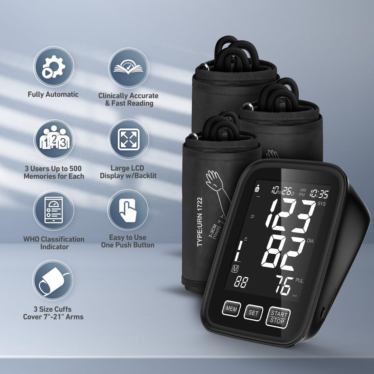 Blood Pressure Machine with 3 Size Cuffs and Backlit Display I54196