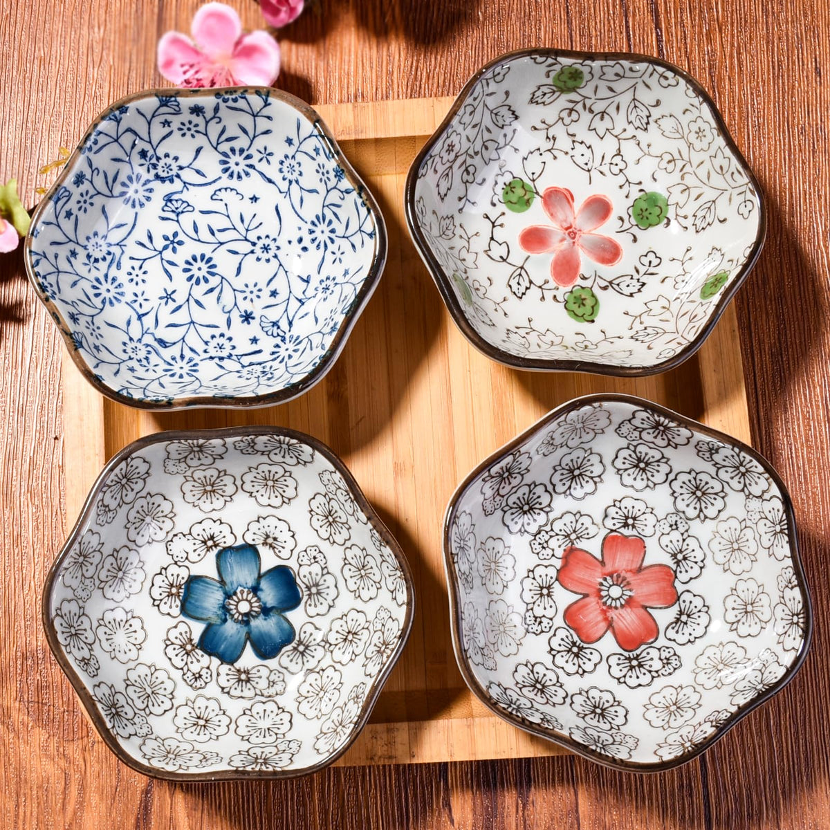 Hand-Painted Floral Ceramic Pinch Bowl Set, 12-Piece Mini Condiment Dishes K358017