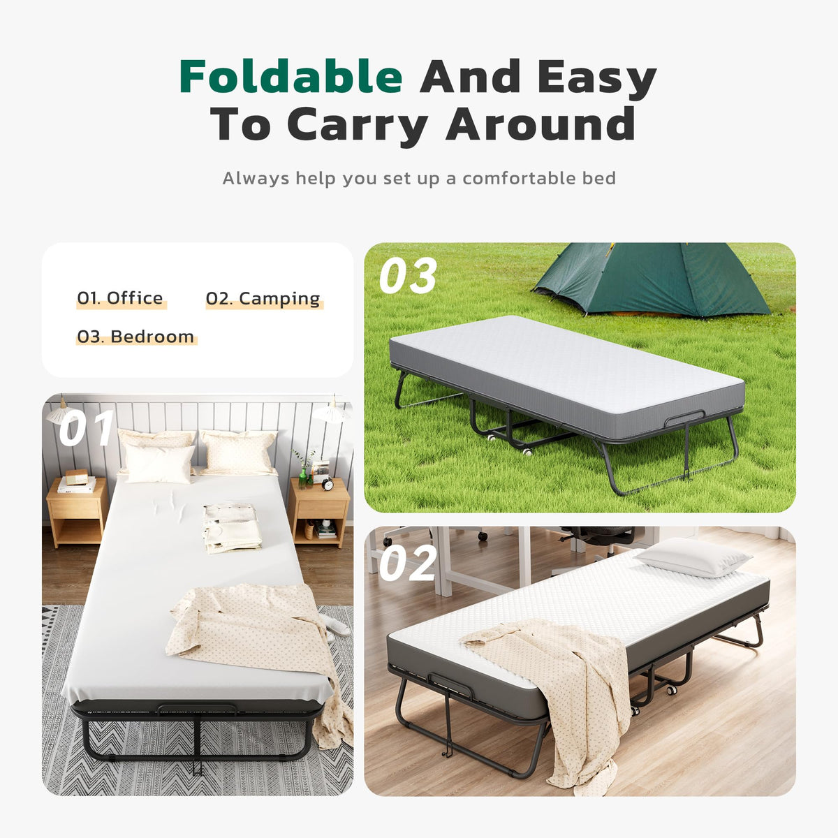 Folding Bed with Mattress Metal Frame Cot Size N4266