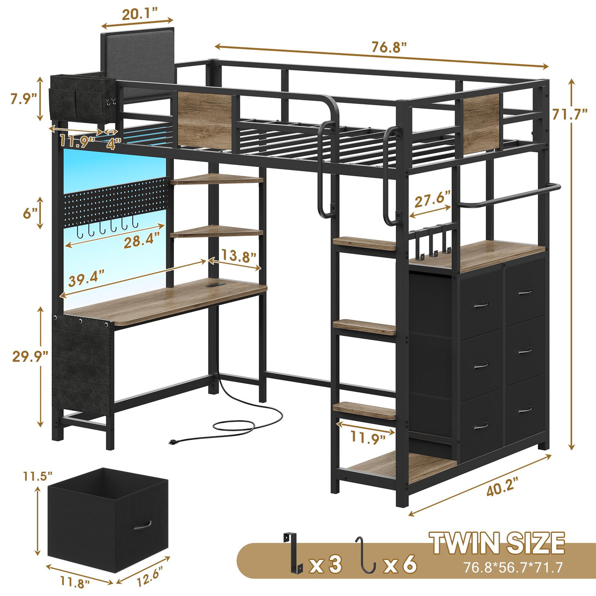 Twin Loft Bed with Desk and 6 Storage Drawers I97869