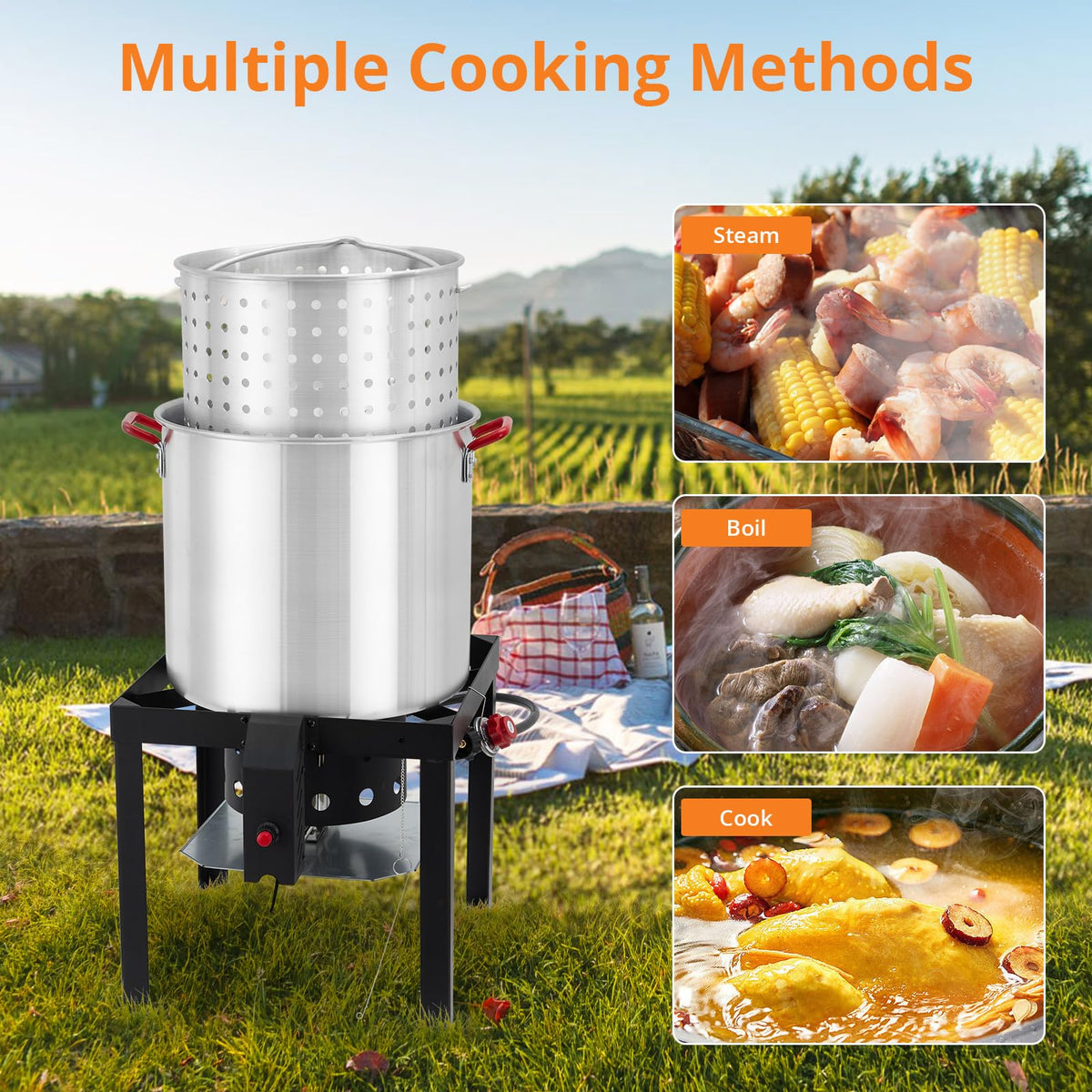 60QT Seafood Boil Pot with Strainer Basket and Propane Burner Stove U151