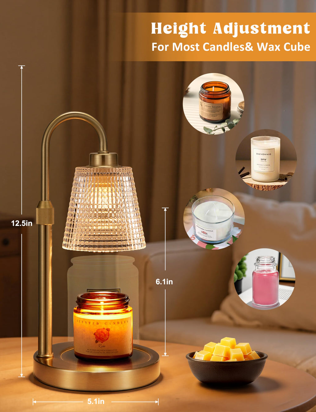 Gold Candle Warmer Lamp with Timer, Dimmable, Height Adjustable R4553