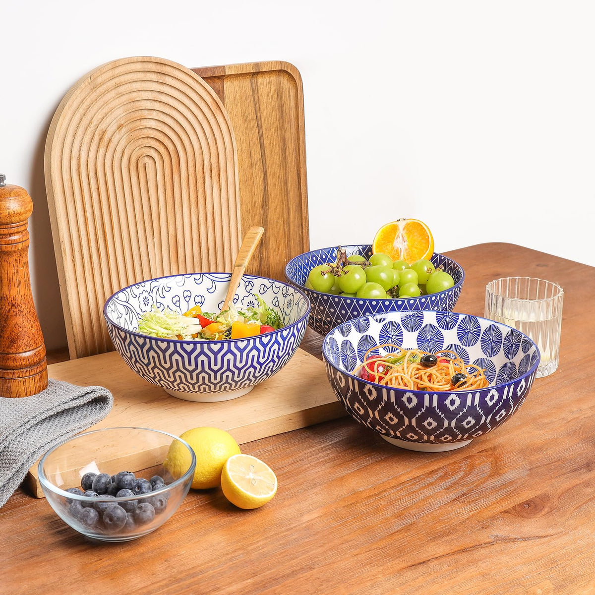 Ceramic 53 OZ Salad Bowls Set, Set of 3, Vintage Blue E733