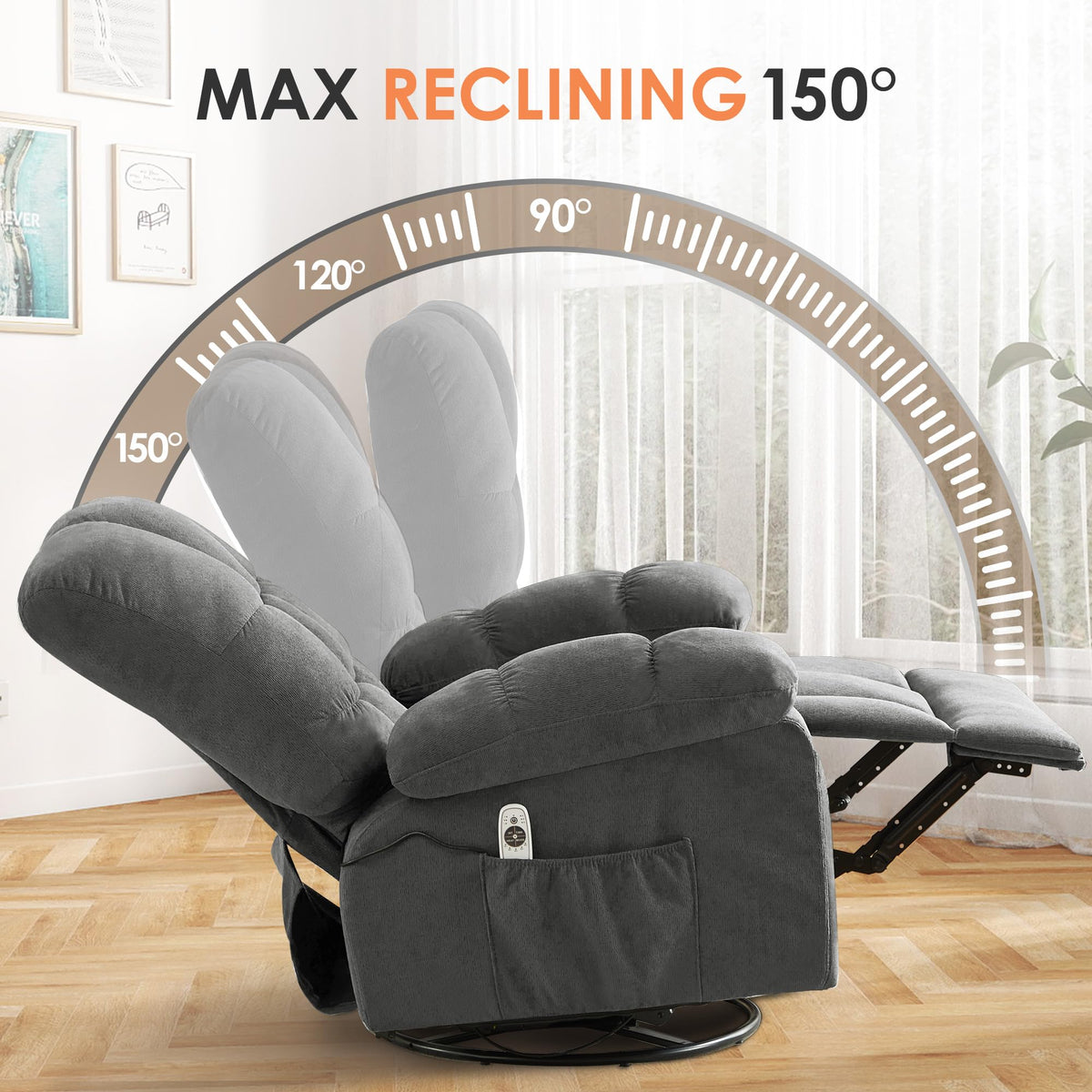 Oversized Swivel Recliner Chair with Vibration & Lumbar Heat N1488