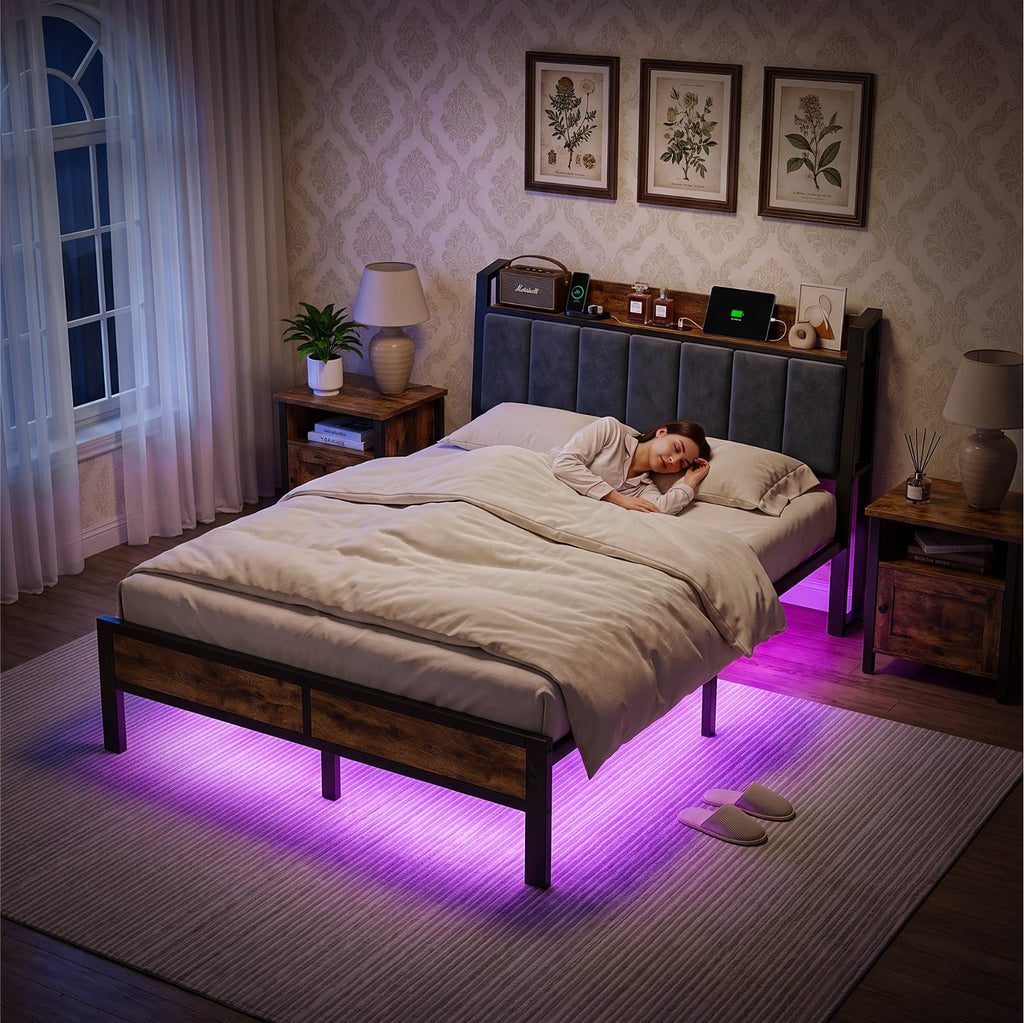 Full Size Bed Frame with LED Lights and Charging Station L14702
