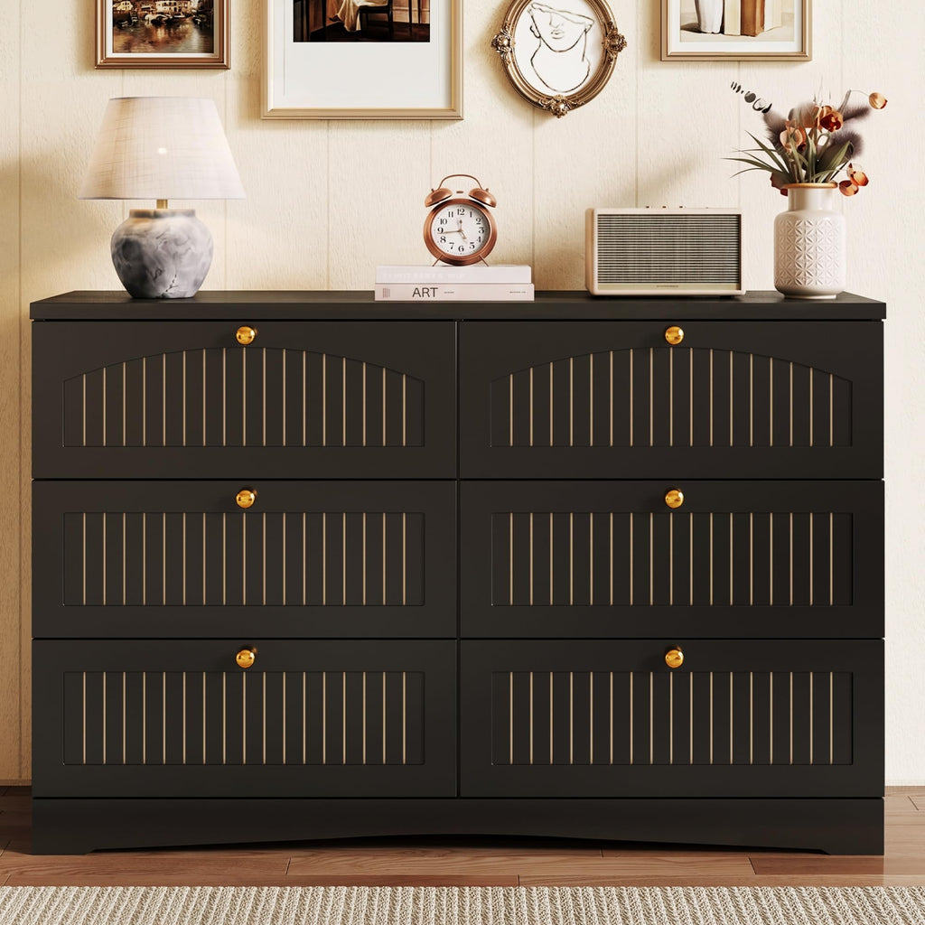 Black 6 Drawer Fluted Wood Dresser W314