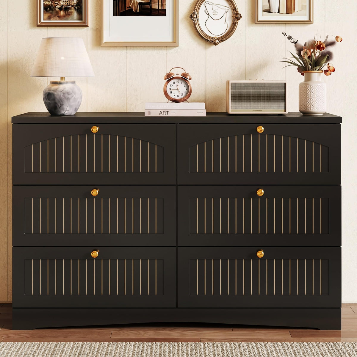 Black 6 Drawer Fluted Wood Dresser W314