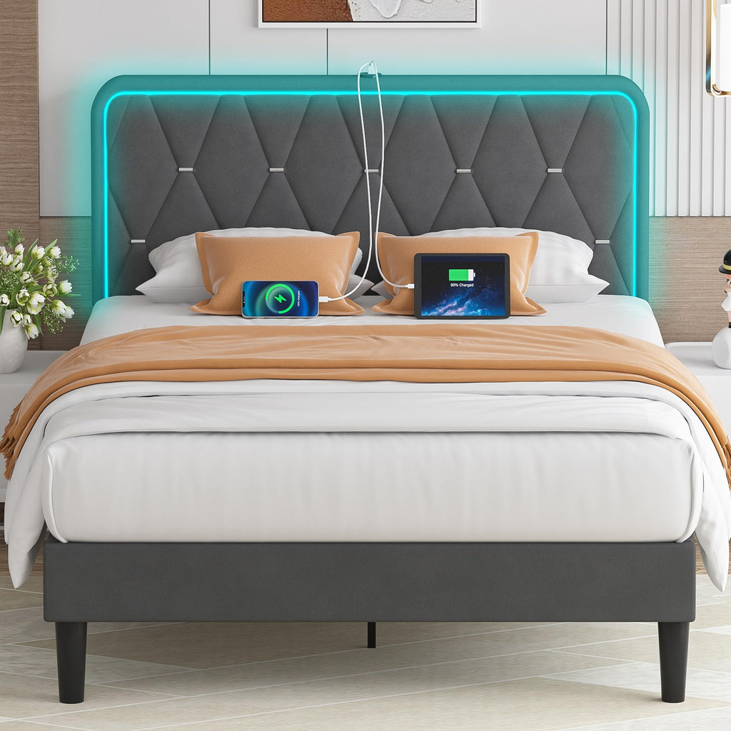 Dark Grey Velvet Upholstered Queen Bed Frame with Headboard J78358