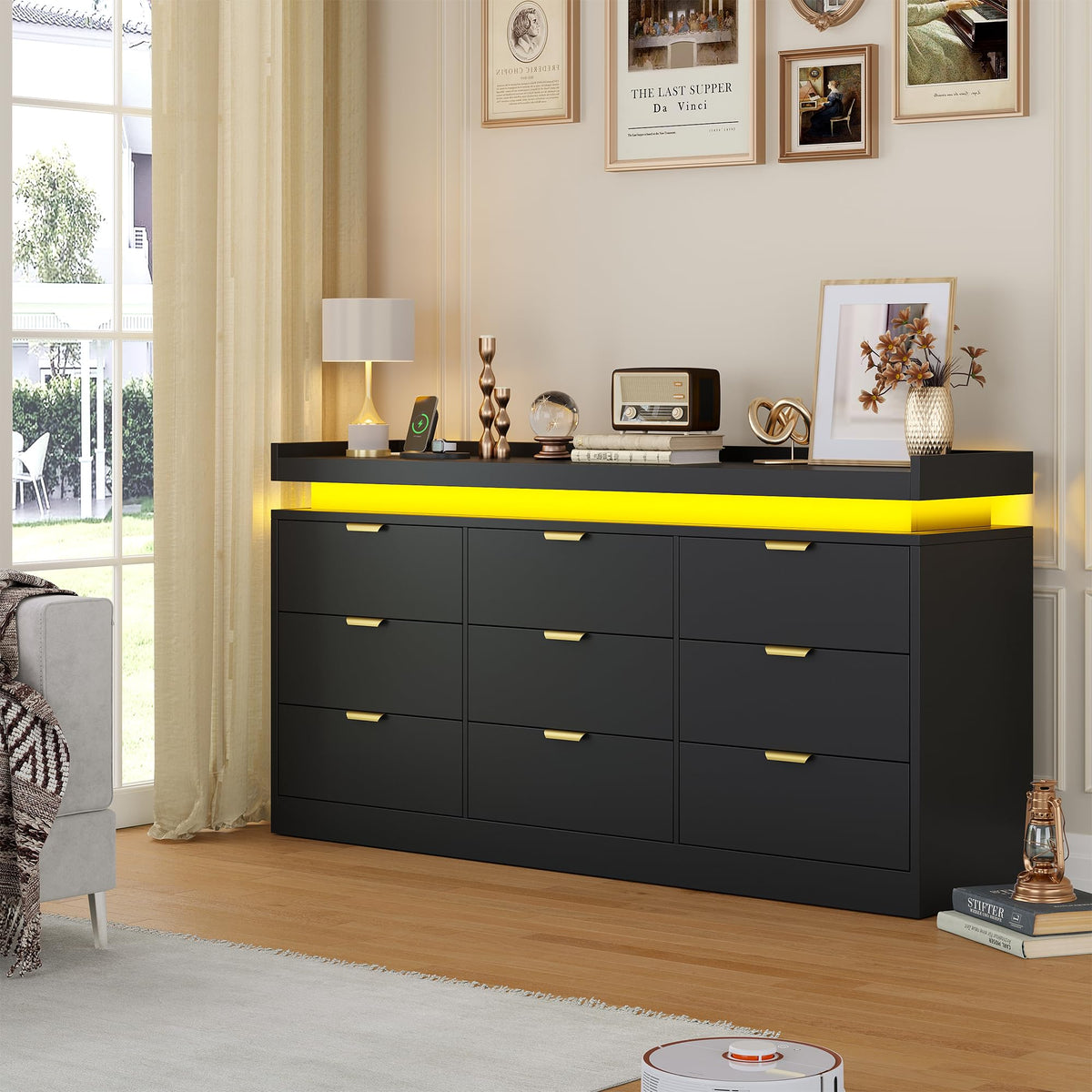 Black 9 Drawer Wood Dresser with LED Lights and Power Outlet D8861