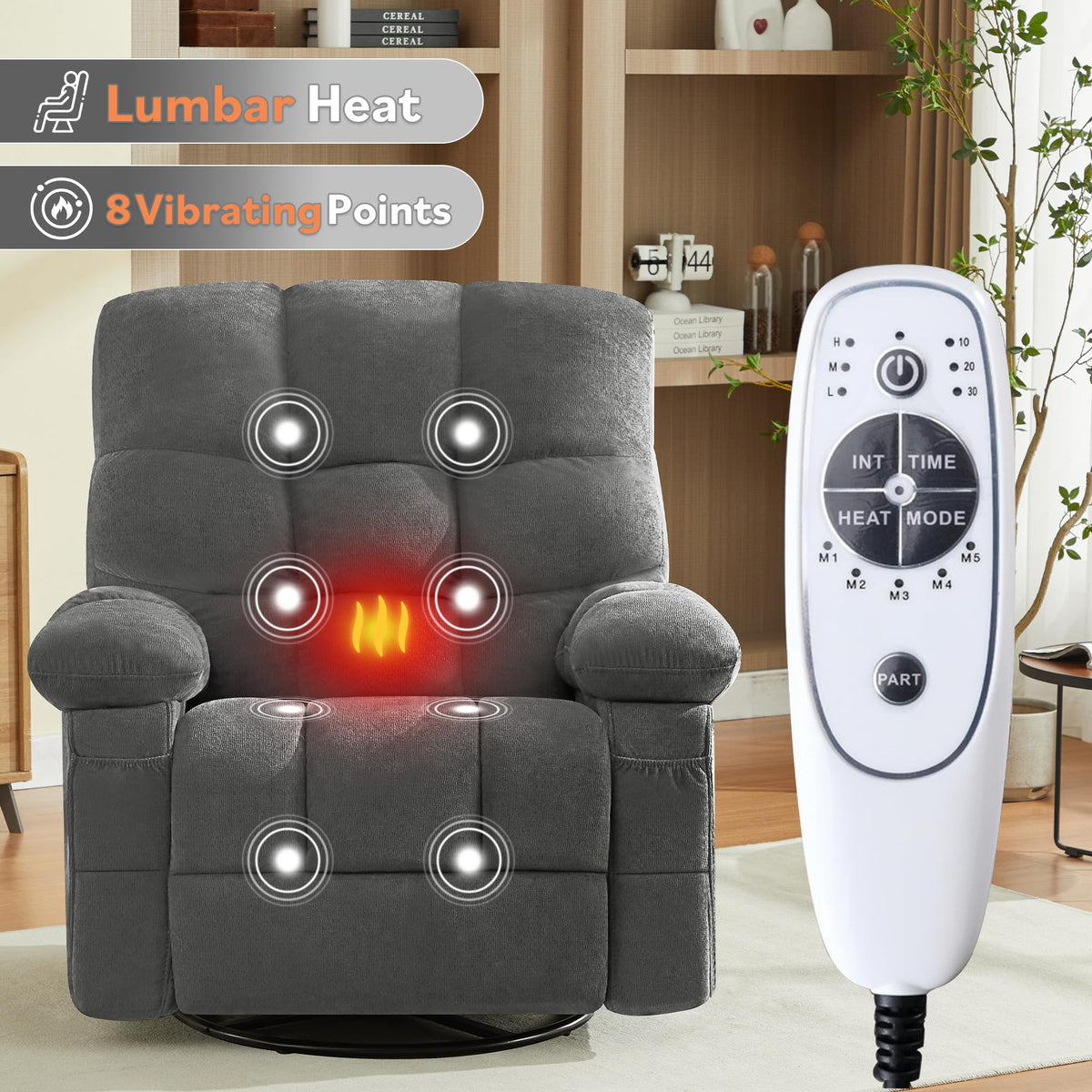 Oversized Swivel Recliner Chair with Vibration & Lumbar Heat N1488