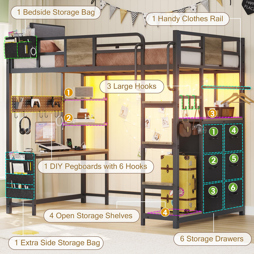 Twin Loft Bed with Desk and 6 Storage Drawers I97869