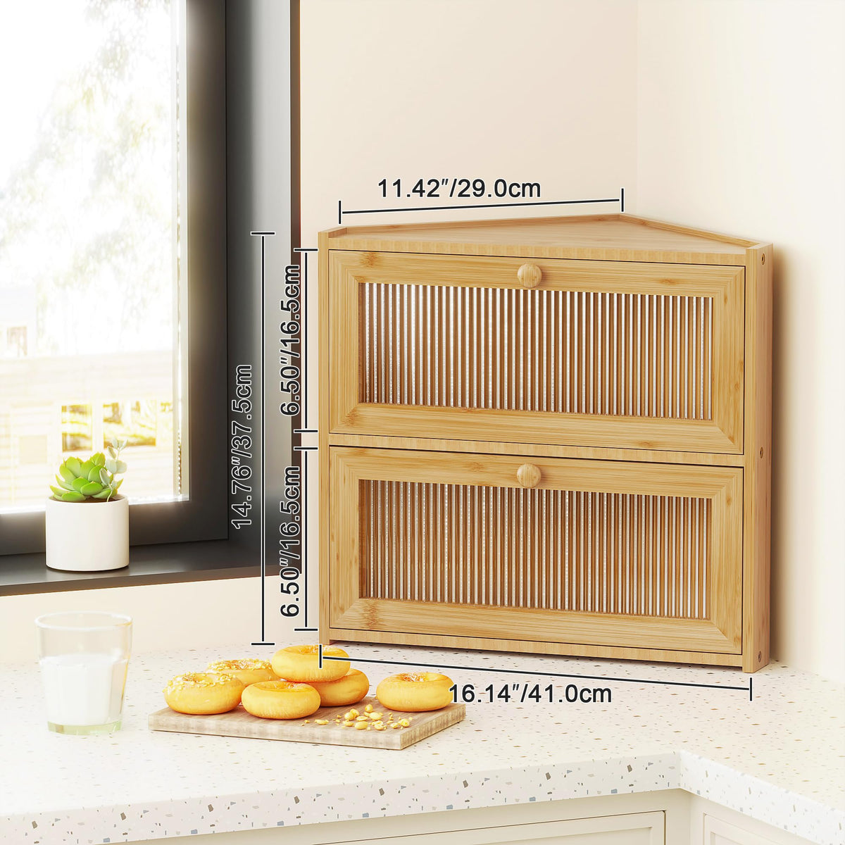 Double Layer Bamboo Bread Box with Wavy Windows V312035