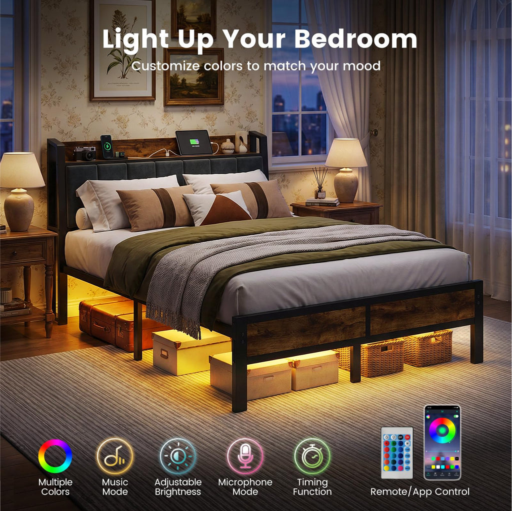 Full Size Bed Frame with LED Lights and Charging Station L14702