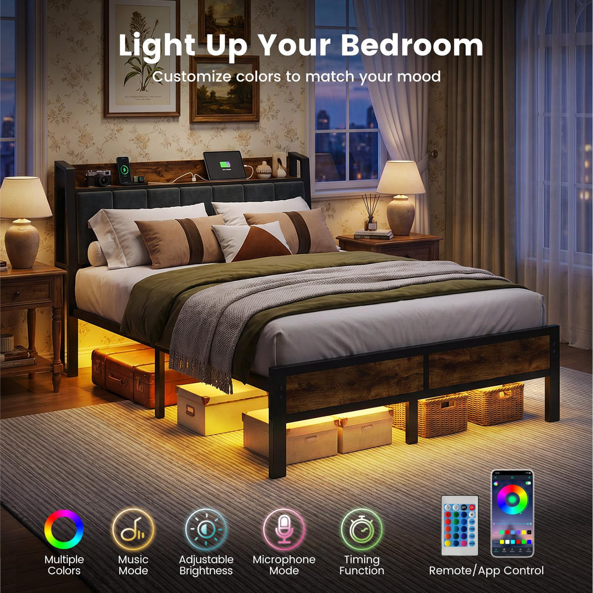 Full Size Bed Frame with LED Lights and Charging Station L14702