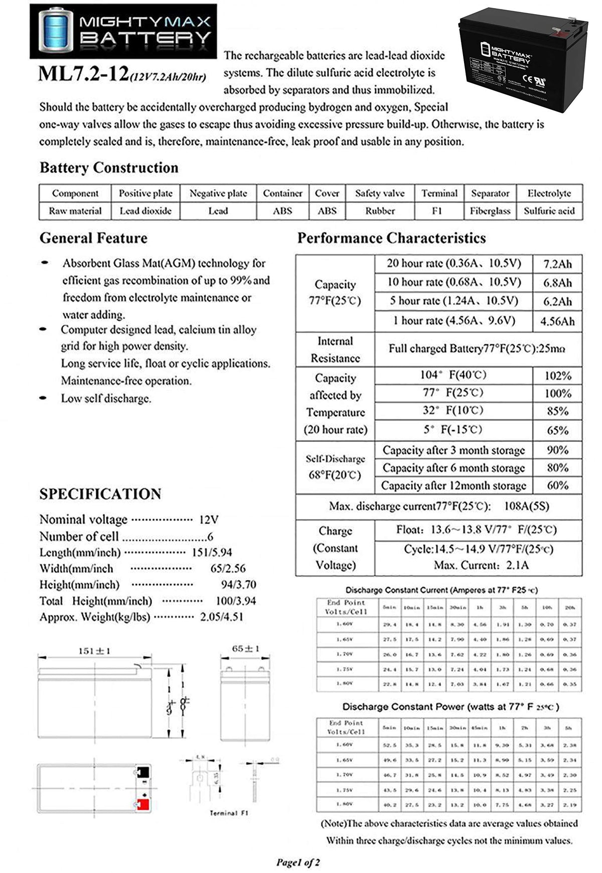 12 Volt 7.2 AH SLA Battery G477026