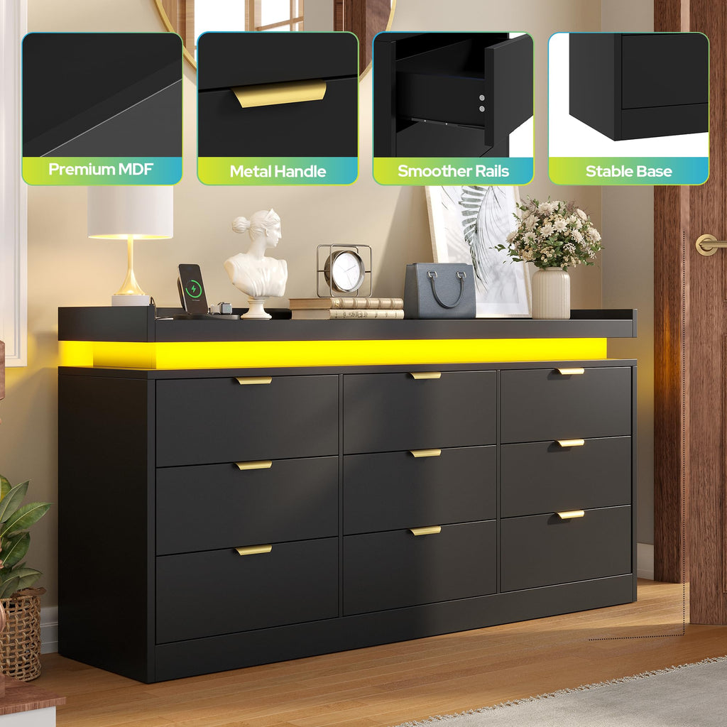 Black 9 Drawer Wood Dresser with LED Lights and Power Outlet D8861