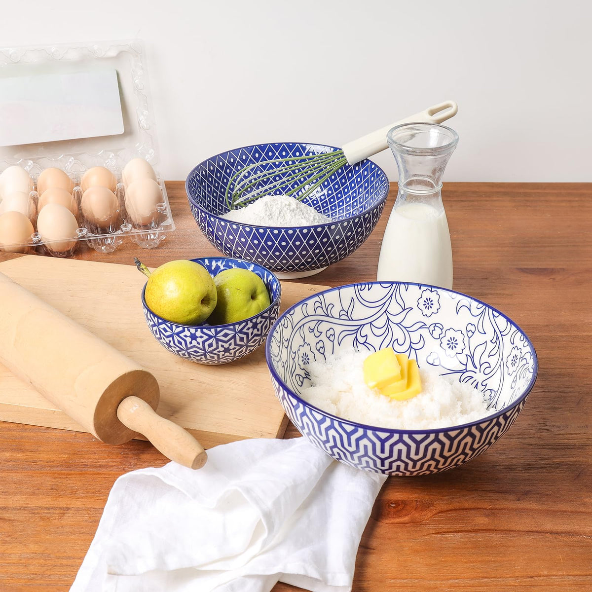 Ceramic 53 OZ Salad Bowls Set, Set of 3, Vintage Blue E733