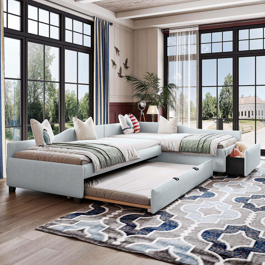 Beige Linen Upholstered Double Twin Size Daybed with Trundle and Drawer L566