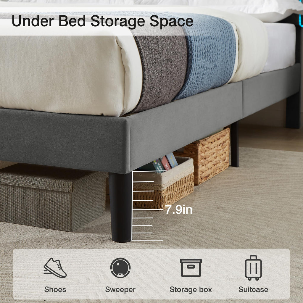 Dark Grey Velvet Upholstered Queen Bed Frame with Headboard J78358
