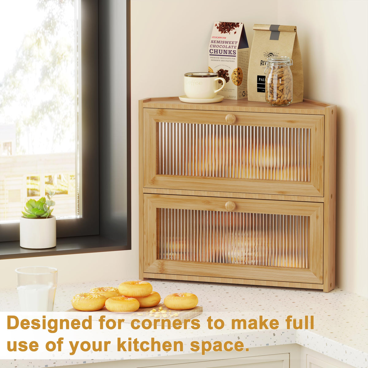 Double Layer Bamboo Bread Box with Wavy Windows V312035
