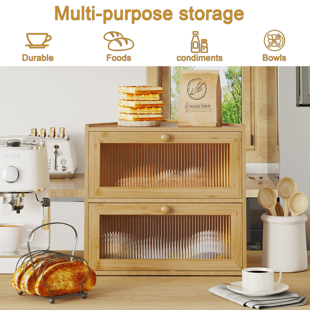 Double Layer Bamboo Bread Box with Wavy Windows V312035