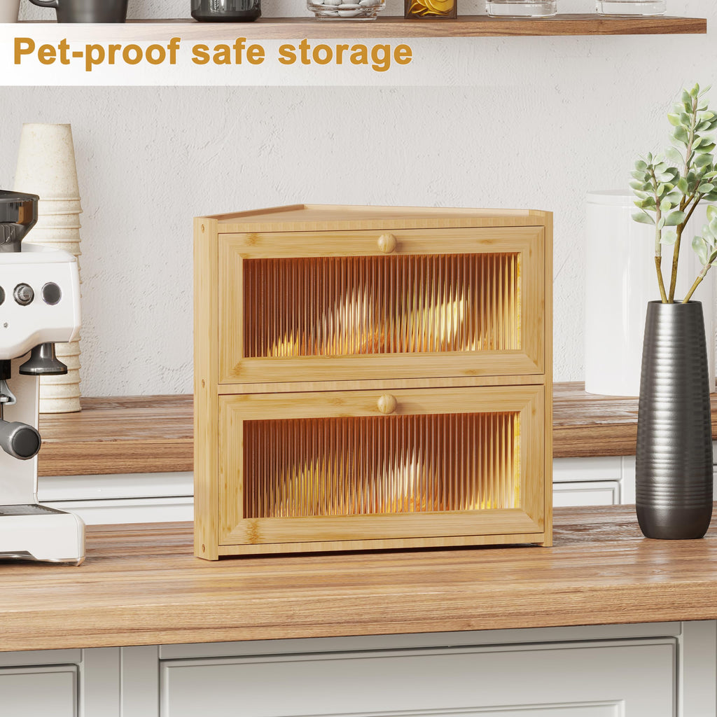 Double Layer Bamboo Bread Box with Wavy Windows V312035