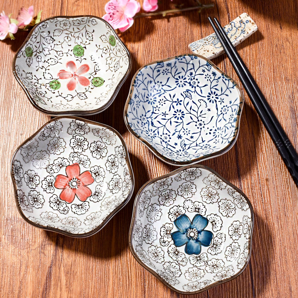 Hand-Painted Floral Ceramic Pinch Bowl Set, 12-Piece Mini Condiment Dishes K358017