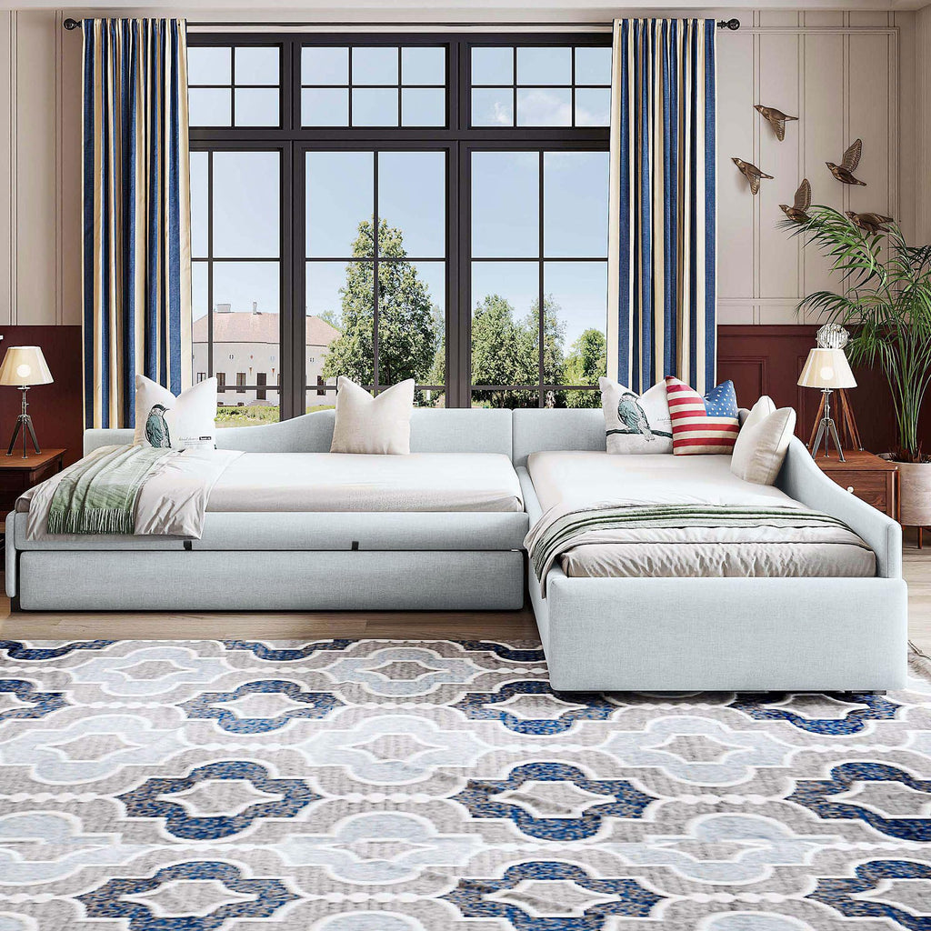 Beige Linen Upholstered Double Twin Size Daybed with Trundle and Drawer L566