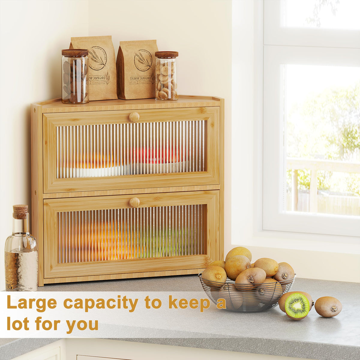 Double Layer Bamboo Bread Box with Wavy Windows V312035